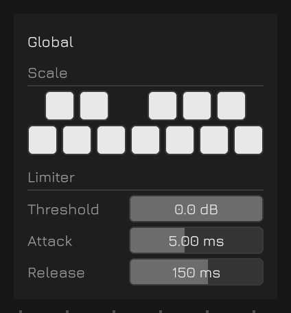 The Global panel, with the scale keyboard and the limiter