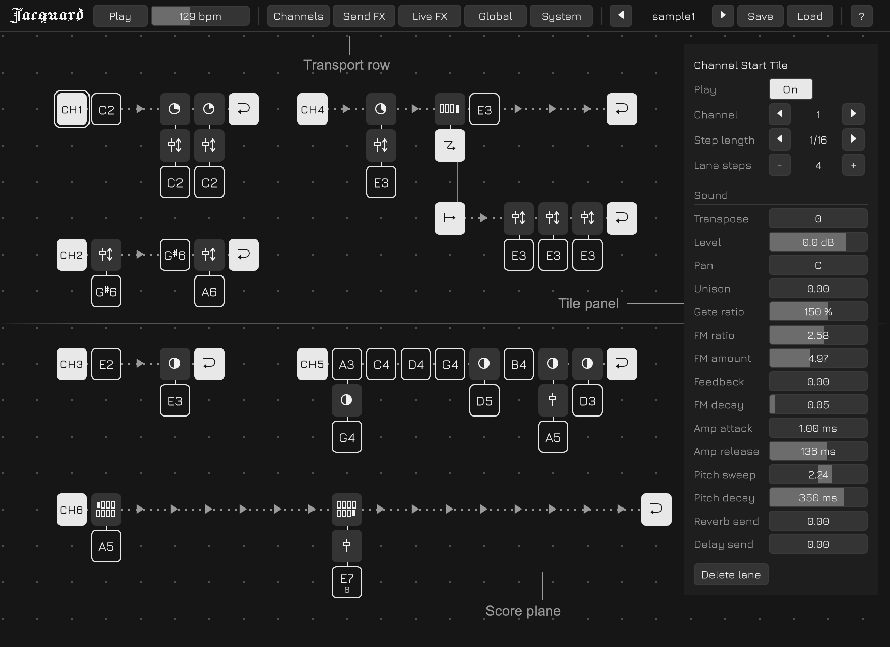 The whole screen: the transport row across the top, the score plane under it and the Tile panel at the right, each named