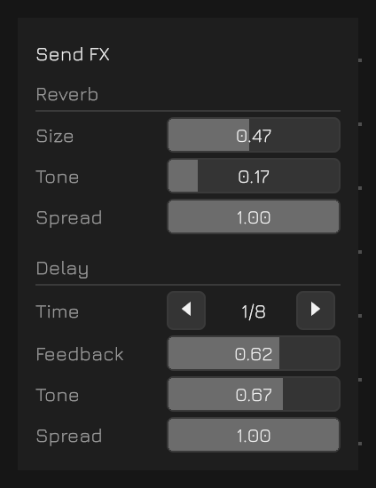 The Send FX panel, with the reverb and the delay