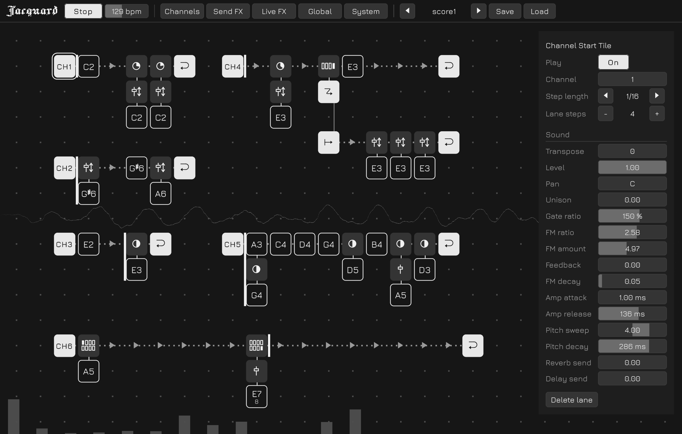 The Jacquard interface: a score of tiles on a grid, with a panel of sound parameters at the right